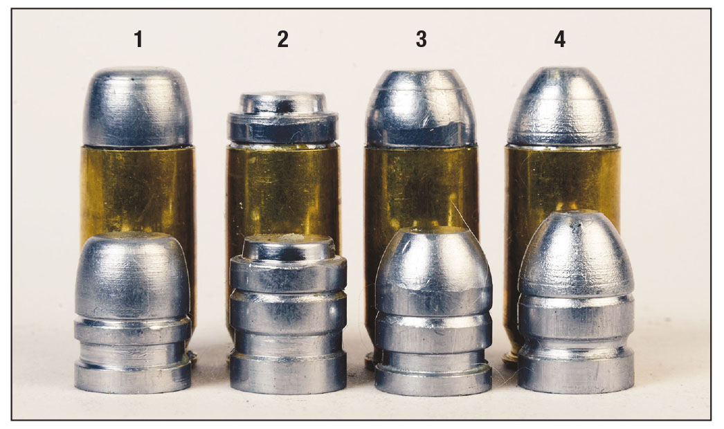 These are the four cast bullet handloads Mike used for testing in his 45 ACP revolvers: (1) RCBS 230-grain 45-230CM, (2) Redding/SAECO 233-grain 453, (3) Redding/SAECO 239-grain 954 and (4) NEI 252-grain 324.